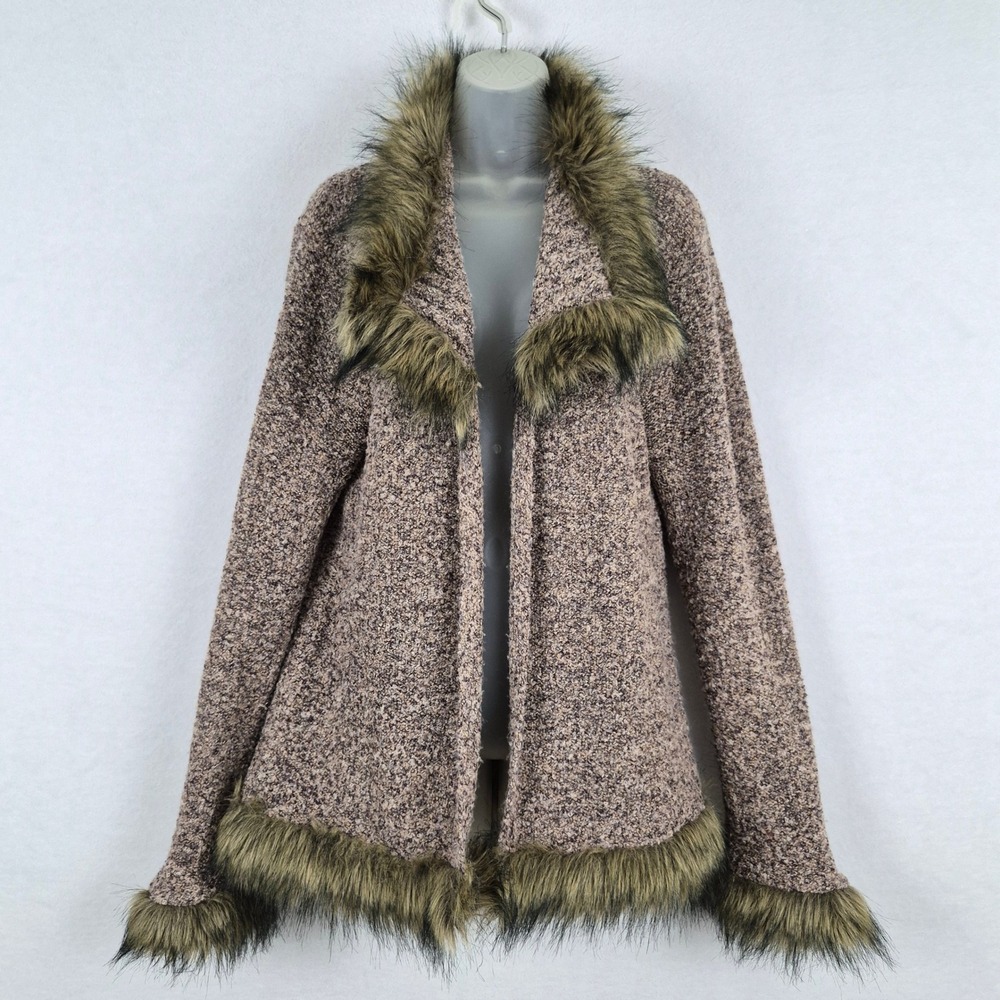 Vtg Penny Lane Sweater Carducci Faux Fur Trim Open Front Brown Sz XL Marled Knit